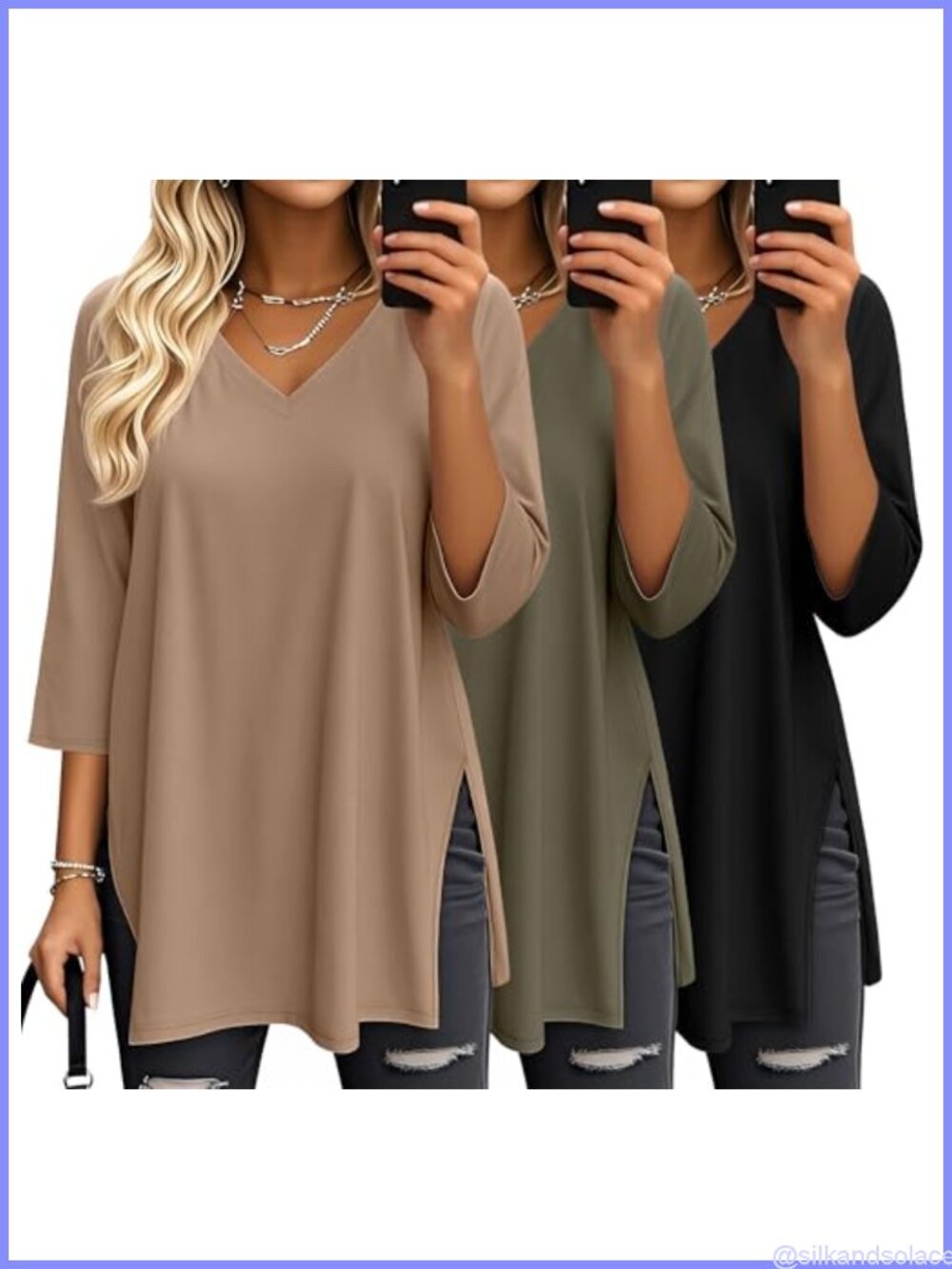 Women's 3/4 Sleeve V-Neck Tunic T-Shirts 3 Pack Oversized Loose Fit